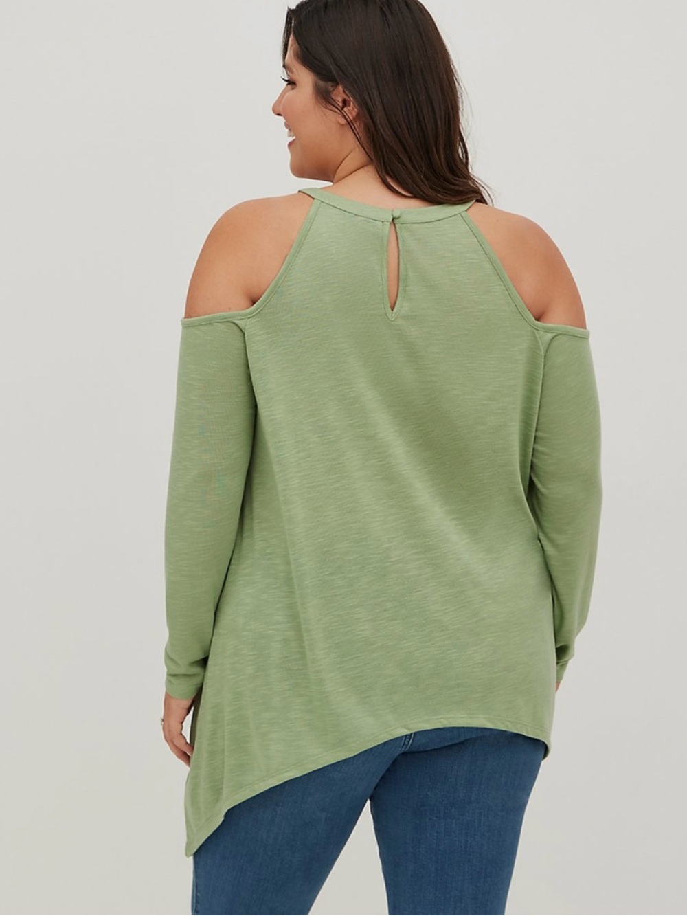 TORRID Green Crochet Neck Cold Shoulder Long Sleeve Sharkbite Hem Top Size 2X - Picture 2 of 16